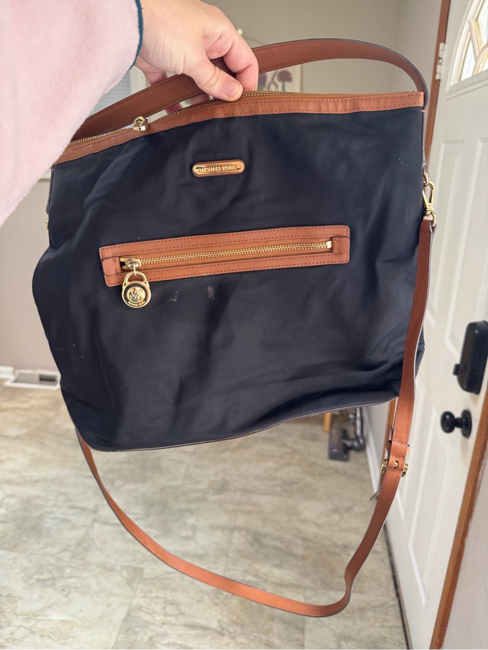 MICHAEL Michael Kors Black Nylon Shoulder Bag with Brown Leather Trim
